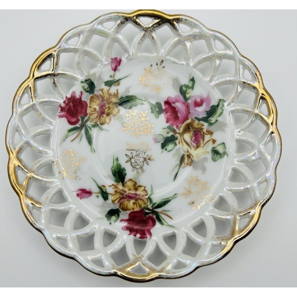 Vintage Reticulated Lace Edge Floral Porcelain Saucer Gold Trim Tea Party Plate